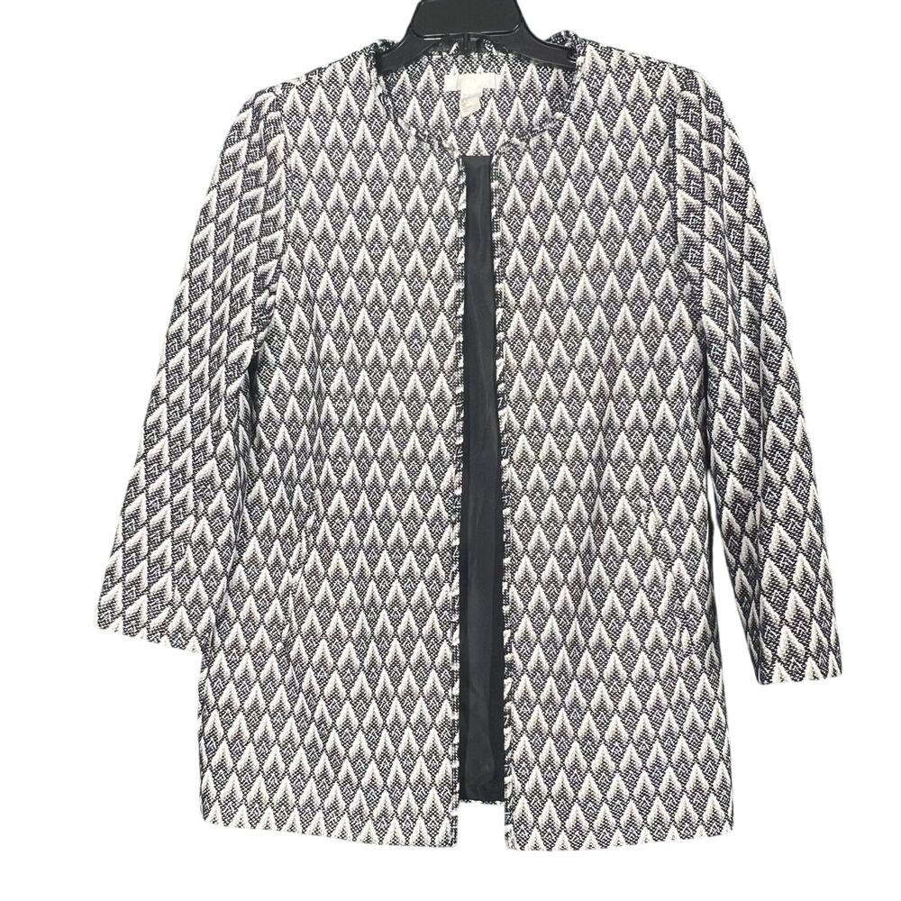 Cardigan Coat Jacket Womens 12 Black White Geometric Classic Zip Lined Blazer